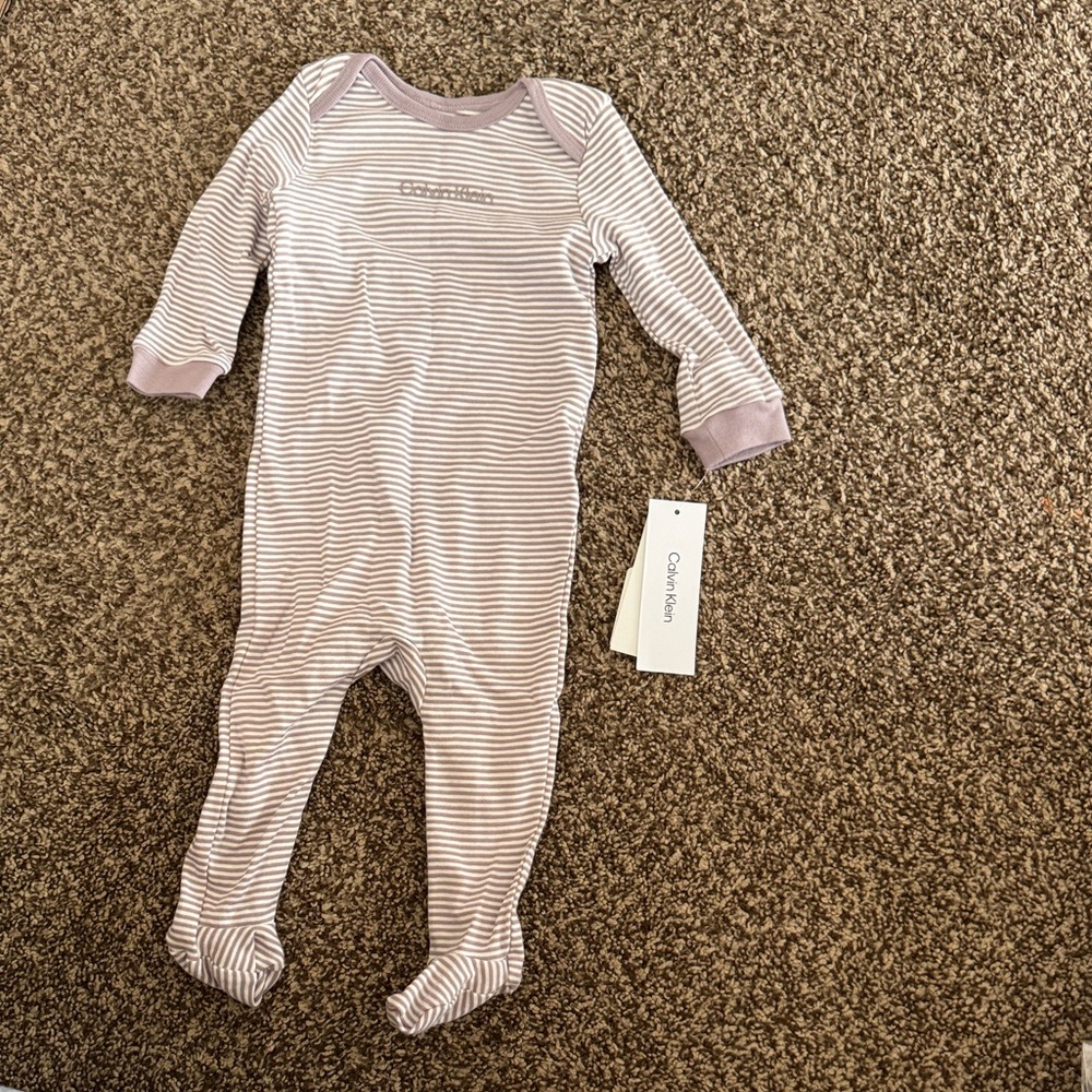 Calvin Klein Pink & White Striped Footed One-Piece